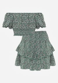 Renee - Zielony Komplet w Kwiaty 2-Częściowy Top w Stylu Hiszpanki i Spódnica z Falbanką Crispa. Kolor: zielony. Materiał: materiał. Wzór: kwiaty #8