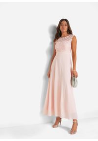 bonprix - Długa sukienka wieczorowa z koronką. Kolor: różowy. Materiał: koronka. Wzór: koronka. Styl: wizytowy. Długość: maxi