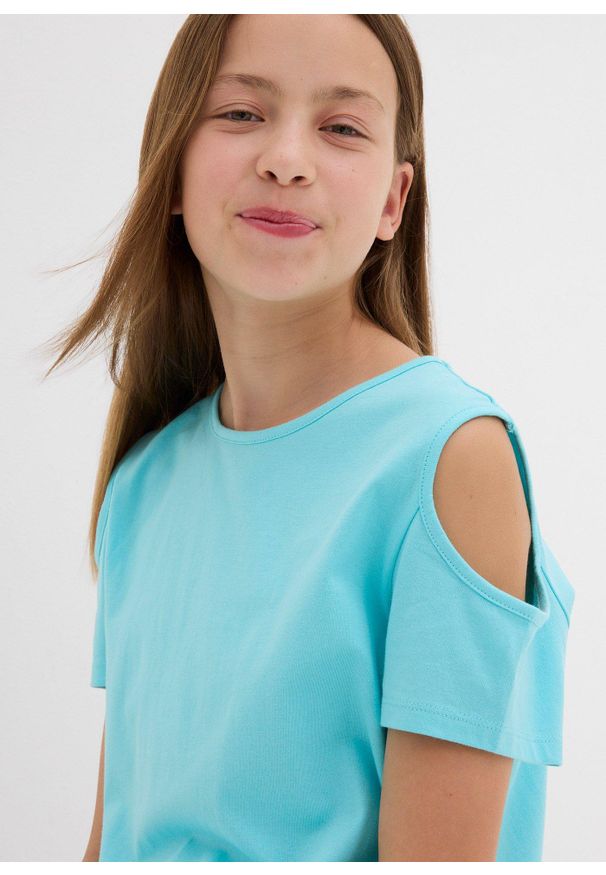 bonprix - T-shirt z wycięciami na ramionach z czystej bawełny organicznej. Kolor: niebieski. Materiał: bawełna. Sezon: lato