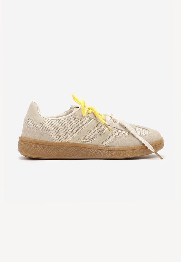 Renee - Beżowe Sneakersy z Geometrycznymi Paskami i Podwójnym Wiązaniem Florlevi. Okazja: na co dzień. Zapięcie: pasek. Kolor: beżowy. Wzór: geometria