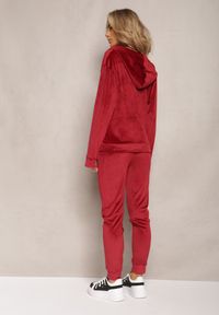 Renee - Bordowy Welurowy Komplet Dresowy Bluza z Kapturem i Proste Spodnie Arislo. Kolor: czerwony. Materiał: dresówka, welur #3