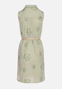 Born2be - Jasnozielona Bawełniana Sukienka Koszulowa w Haftowane Kwiaty z Paskiem z Klamrą Turivana. Okazja: na co dzień. Kolor: zielony. Materiał: bawełna. Wzór: kwiaty, haft. Typ sukienki: koszulowe. Styl: klasyczny, casual, elegancki #4