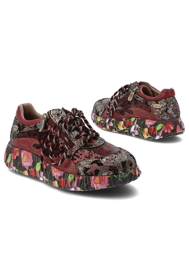 Sneakersy damskie Laura Vita, na platformie skórzane w kwiaty z okrągłym noskiem i na zamek, czerwone, Nikito-09-SO26803-9BS. Nosek buta: okrągły. Zapięcie: zamek. Kolor: czerwony. Materiał: skóra. Wzór: kwiaty. Obcas: na platformie