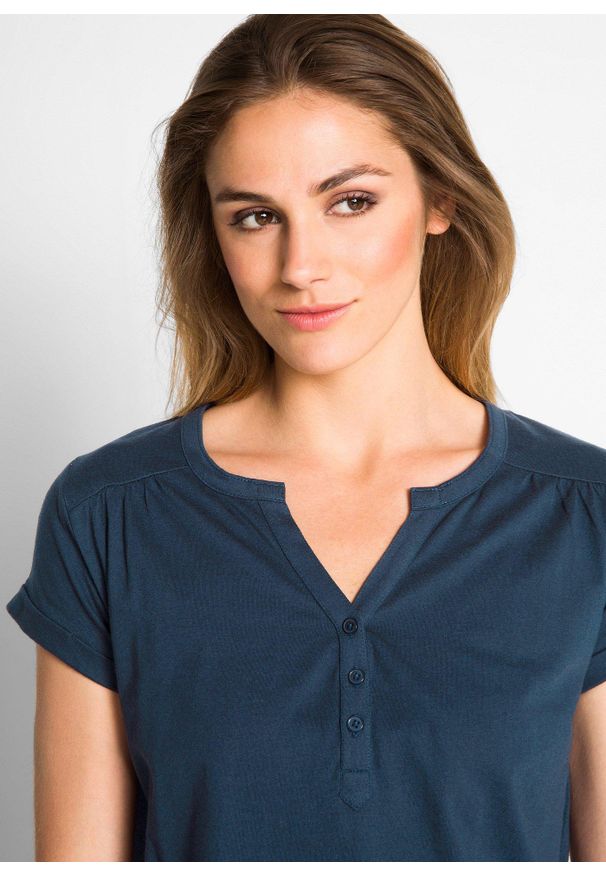 bonprix - T-shirt bawełniany. Typ kołnierza: dekolt w serek. Kolor: niebieski. Materiał: bawełna. Długość rękawa: krótki rękaw. Długość: krótkie