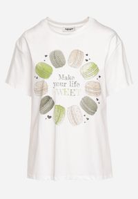 Born2be - Biało-Zielony Bawełniany T-shirt Ozdobiony Nadrukiem i Cyrkoniami Chrisielle. Kolor: biały. Materiał: bawełna. Wzór: nadruk, aplikacja. Sezon: lato