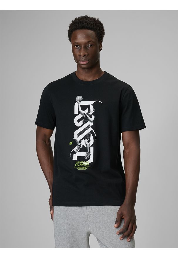 4f - 4F T-shirt regular z nadrukiem męski - biały M. Okazja: na co dzień. Kolor: czarny. Materiał: dzianina, bawełna, materiał. Wzór: nadruk. Styl: casual, klasyczny