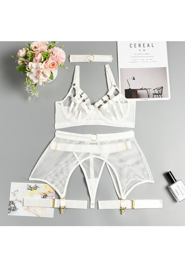 Intica - Komplet bielizny z pasem i podwiązkami elegancki design Palaghia. Kolor: biały. Materiał: materiał