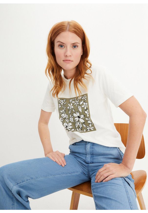 bonprix - T-shirt z kwiatowym nadrukiem. Kolor: biały. Wzór: kwiaty, nadruk