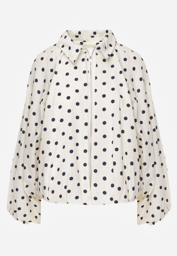 Renee - Jasnobeżowa Nietoperzowa Bluza z Wiskozą w Kropki z Kołnierzykiem Meze. Okazja: na co dzień. Kolor: beżowy. Materiał: wiskoza. Wzór: kropki. Styl: casual