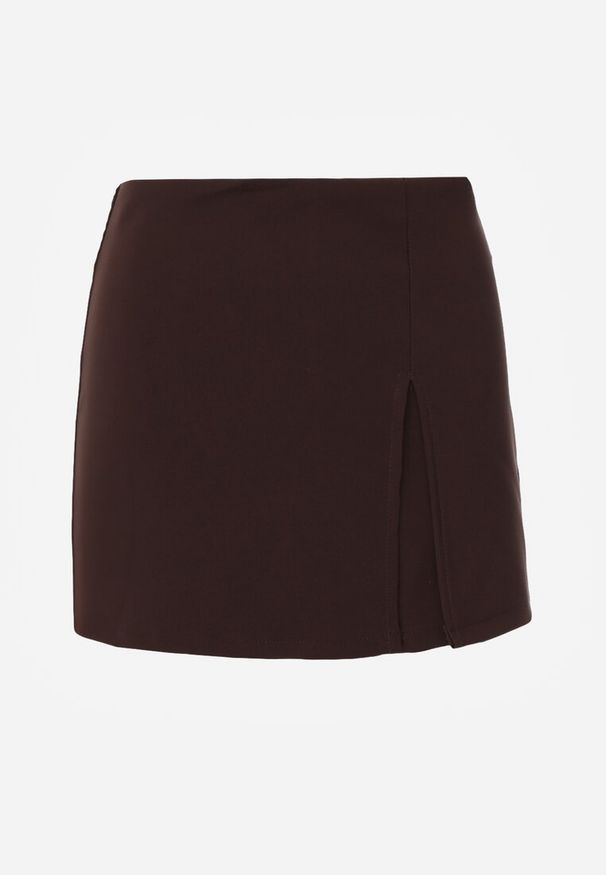 Renee - Brązowe Spódnico-Spodenki High Waist z Ozdobnym Rozcięciem Sinessei. Stan: podwyższony. Kolor: brązowy. Materiał: materiał. Styl: elegancki