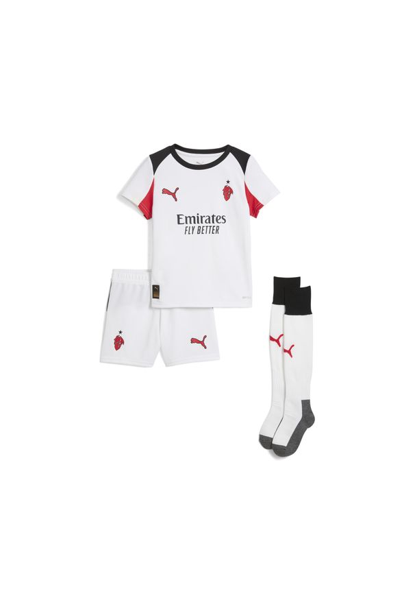 Puma - Dziecięcy strój wyjazdowy AC Milan 25/26 PUMA White For All Time Red. Kolor: czerwony, biały, wielokolorowy. Materiał: dresówka. Styl: sportowy