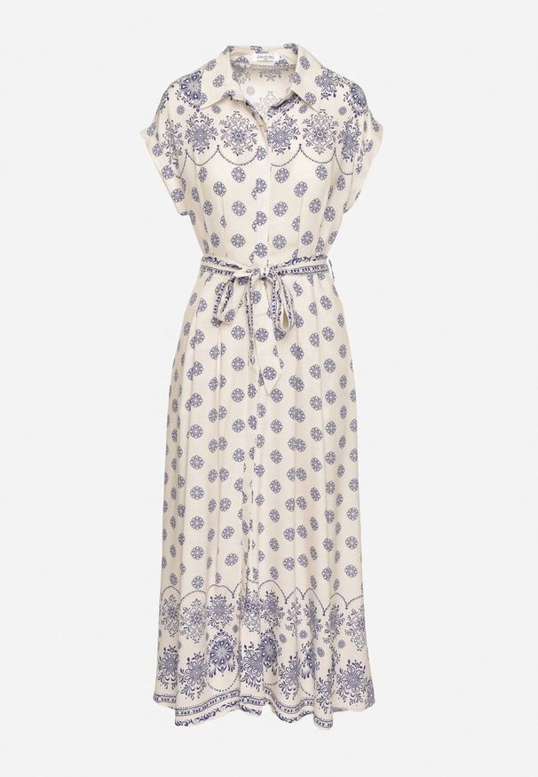 Born2be - Beżowo-Niebieska Koszulowa Sukienka z Wiskozy w Kwiatowy Wzór z Wiązanym Paskiem Iffinara. Okazja: na randkę, na spacer, na co dzień. Kolor: niebieski. Materiał: wiskoza. Długość rękawa: krótki rękaw. Wzór: kwiaty. Typ sukienki: koszulowe. Styl: klasyczny, casual, elegancki