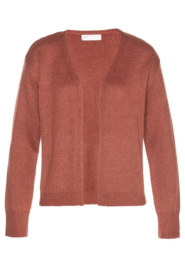 Sweter bez zapięcia bonprix czerwony kwarcowy. Kolor: brązowy. Materiał: akryl, materiał, wełna, poliester, poliamid