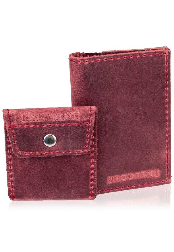 Skórzany zestaw portfel i bilonówka BRODRENE SW03 + CW02 czerwony. Kolor: czerwony. Materiał: skóra
