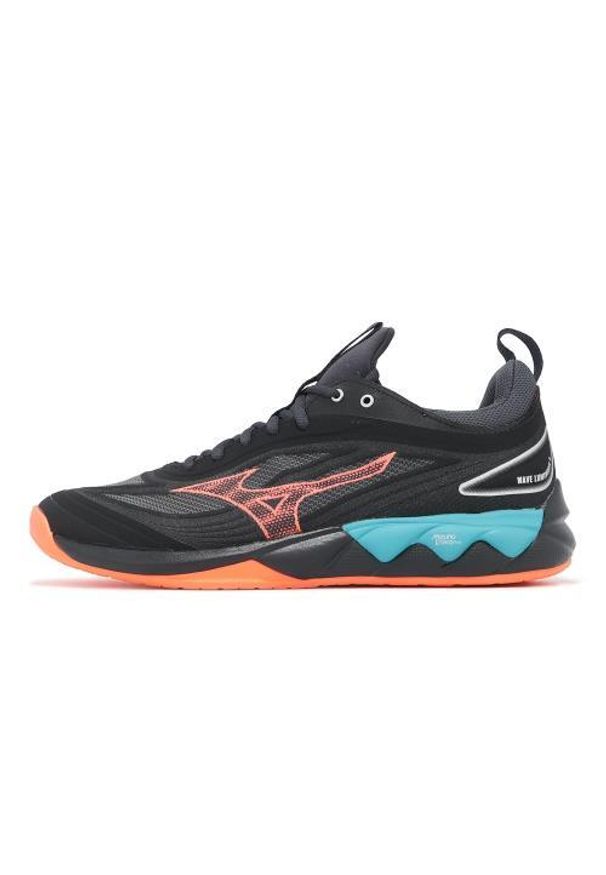 Buty do siatkówki Mizuno Wave Luminous 3. Kolor: wielokolorowy, niebieski, czarny, pomarańczowy. Model: Mizuno Wave. Sport: siatkówka, piłka ręczna