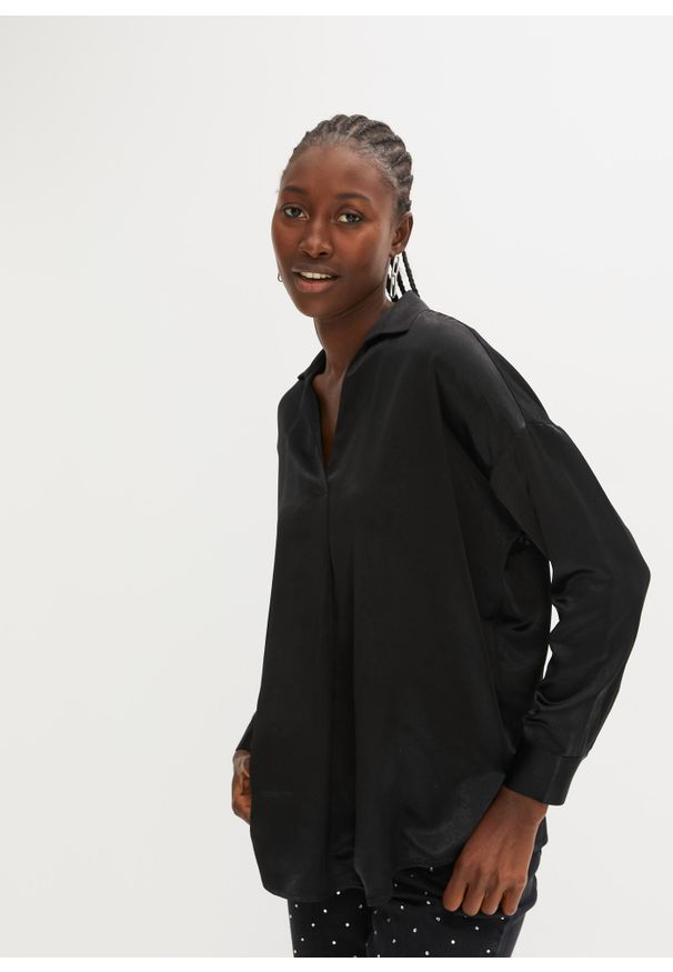 bonprix - Tunika satynowa. Kolor: czarny. Materiał: satyna. Styl: elegancki