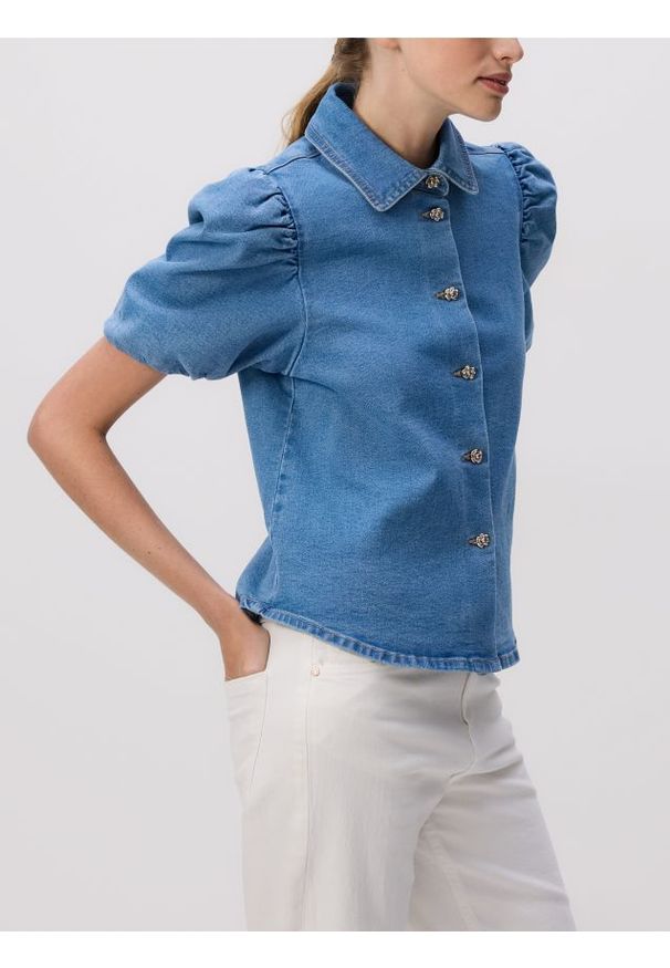 Reserved - Jeansowa koszula z bufiastymi rękawami - niebieski. Kolor: niebieski. Materiał: jeans