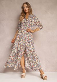 Renee - Żółto-Niebieska Sukienka Koszulowa w Kwiaty Mirannie. Kolor: żółty. Długość rękawa: długi rękaw. Wzór: kwiaty. Typ sukienki: koszulowe. Styl: boho. Długość: maxi