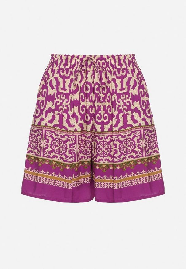 Born2be - Fioletowe Bawełniane Szorty Bermudy w Etniczny Wzór z Gumką w Talii i Kieszeniami Vomena. Okazja: na co dzień. Kolor: fioletowy. Materiał: bawełna. Styl: elegancki, casual