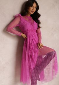 Renee - Fuksjowa Sukienka z Koronką i Tiulem Welvia. Kolor: różowy. Materiał: tiul, koronka. Wzór: koronka #2