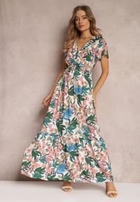 Renee - Biało-Zielona Sukienka z Wiskozy Maxi w Kwiaty Mahiza. Typ kołnierza: dekolt kopertowy. Kolor: biały. Materiał: wiskoza. Długość rękawa: krótki rękaw. Wzór: kwiaty. Typ sukienki: kopertowe. Długość: maxi #3