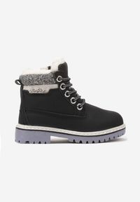 Born2be - Czarne Płaskie Sznurowane Traperki z Ozdobnym Napisem Nalovia. Okazja: na co dzień. Kolor: czarny. Materiał: jeans. Wzór: napisy. Sezon: zima, jesień. Styl: casual, elegancki