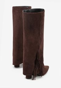 Born2be - Brązowe Kozaki na Słupku z Wywiniętą Cholewką z Frędzlami Linadela. Okazja: do pracy, na co dzień, na spotkanie biznesowe. Kolor: brązowy. Materiał: satyna, jeans. Szerokość cholewki: normalna. Obcas: na słupku. Styl: klasyczny, casual, elegancki, biznesowy #7