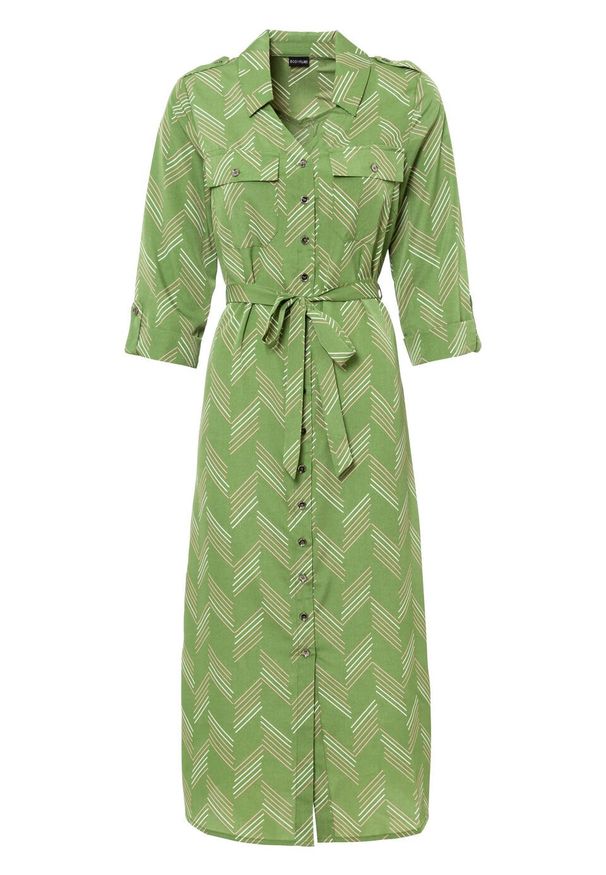 Sukienka szmizjerka z wiązanym paskiem bonprix zielony leśny z nadrukiem. Kolor: zielony. Wzór: nadruk. Typ sukienki: szmizjerki