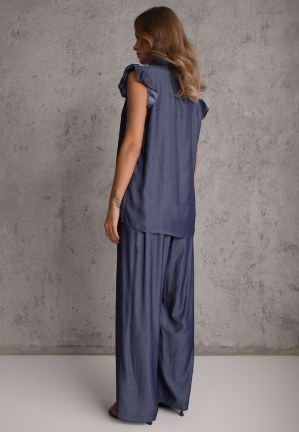 Renee - Granatowy Komplet z Wiskozą Bluzka z Kołnierzem i Spodnie Wide Leg Naunne. Kolekcja: plus size. Kolor: niebieski. Materiał: wiskoza. Wzór: gładki