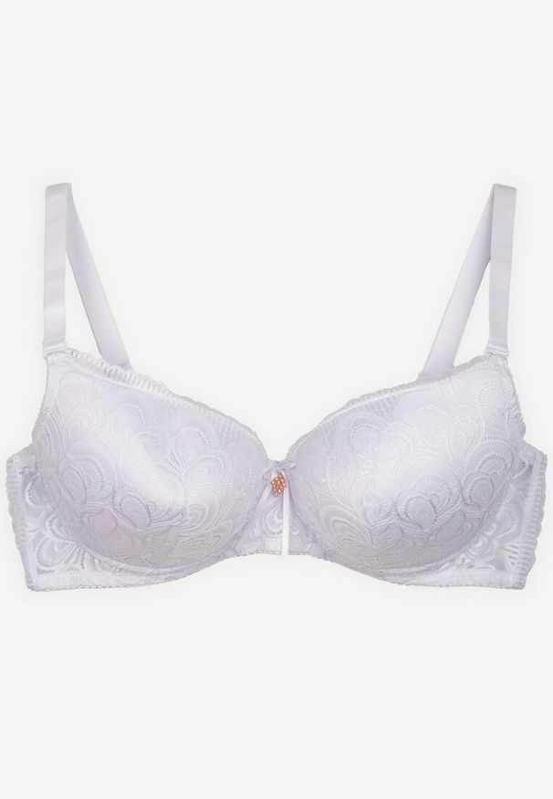 Renee - Biały Biustonosz Full Cup z Koronki Ozdobiony Cyrkoniową Zawieszką Eanessa. Kolor: biały. Materiał: koronka. Wzór: aplikacja, koronka
