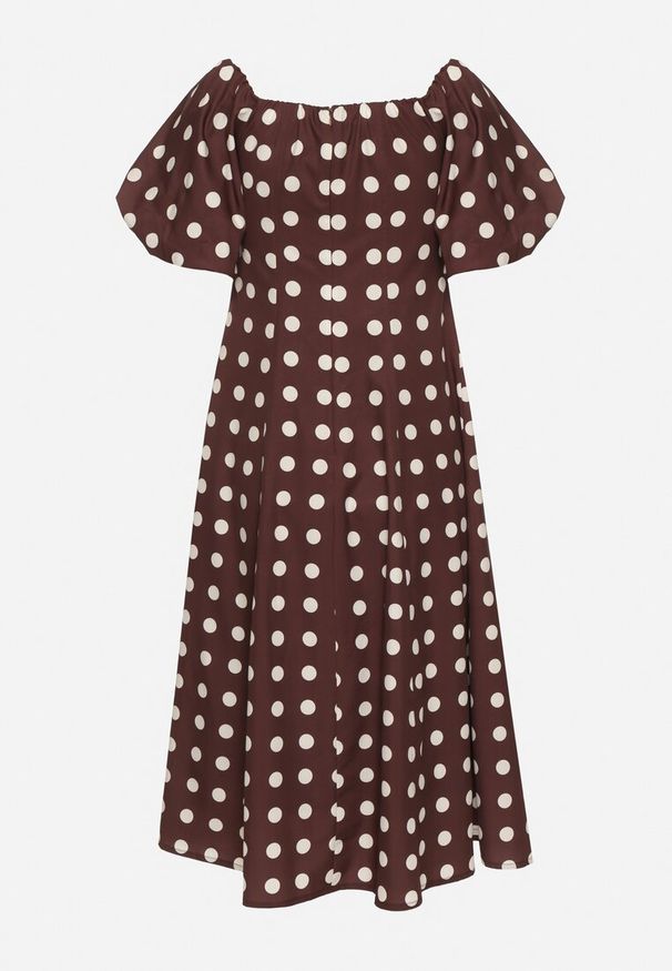 Born2be - Brązowa Rozkloszowana Sukienka Vices w Grochy z Dekoltem Typu Hiszpanka Zimina. Okazja: na co dzień. Typ kołnierza: dekolt hiszpanka. Kolor: brązowy. Materiał: skóra, materiał. Wzór: grochy. Typ sukienki: proste. Styl: klasyczny, casual