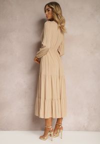 Renee - Beżowa Sukienka Rozkloszowana z Falbanką i Koronką Kiaya. Kolor: beżowy. Materiał: koronka. Wzór: koronka. Długość: maxi #2