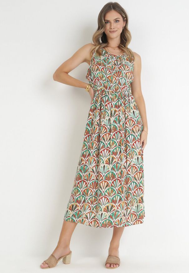 Born2be - Brązowo-Zielona Sukienka z Wiskozy w Stylu Boho z Gumką w Pasie Lostti. Kolor: brązowy. Materiał: wiskoza. Sezon: lato. Typ sukienki: rozkloszowane. Styl: boho