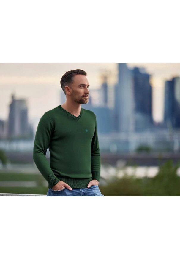 Sweter Męski Wełniany - Dekolt w Serek - Pako Jeans - Głęboka Zieleń. Okazja: na spotkanie biznesowe, do pracy. Typ kołnierza: dekolt w serek. Materiał: akryl, wełna. Styl: biznesowy, klasyczny