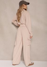 Renee - Jasnobeżowy Komplet Dresowy Cargo z Bluzą ze Stójką i Spodniami o Szerokim Kroju Arrivenna. Kolor: beżowy. Materiał: dresówka #5
