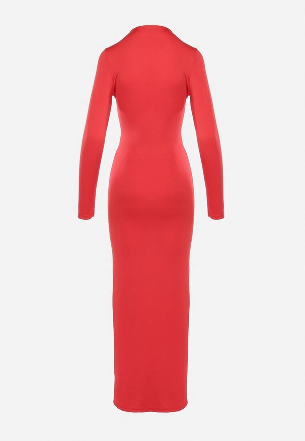 Born2be - Czerwona Sukienka Koktajlowa z Ozdobnym Supełkiem i Rozcięciem Tefeti. Okazja: na imprezę. Typ kołnierza: dekolt w kształcie V. Kolor: czerwony. Typ sukienki: dopasowane. Styl: wizytowy