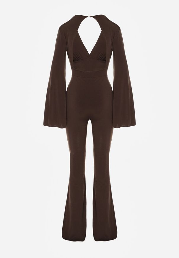 Born2be - Brązowy Długi Kombinezon z Szerokimi Rękawami i Odkrytymi Plecami Dasima. Okazja: na imprezę. Kolor: brązowy. Długość: długie. Styl: elegancki, klasyczny