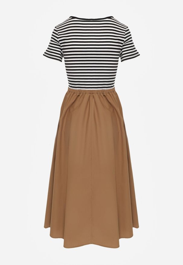 Born2be - Czarno-Beżowa Rozkloszowana Sukienka z Bawełny Imitująca Bluzkę w Paski i Spódnicę Chathusa. Okazja: na co dzień. Kolor: czarny. Materiał: bawełna. Wzór: paski. Sezon: lato. Typ sukienki: rozkloszowane, proste. Styl: casual, klasyczny