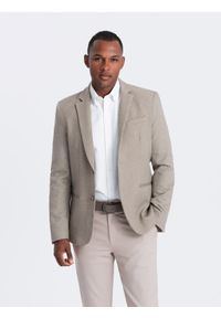 Ombre Clothing - Męska elegancka marynarka z dekoracyjnymi guzikami na mankietach - beżowa V3. Kolor: beżowy. Materiał: poliester. Styl: elegancki