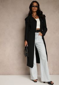 Renee - Czarny Płaszcz Jednorzędowy Trencz z Paskiem w Talii Mavinisse. Okazja: na co dzień. Kolor: czarny. Materiał: materiał. Styl: klasyczny, casual #3