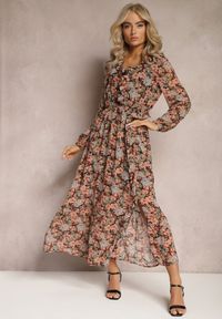 Renee - Czarno-Beżowa Sukienka Rozkloszowana w Kwiaty z Gumką w Pasie Bledareta. Kolor: beżowy. Materiał: materiał. Wzór: kwiaty