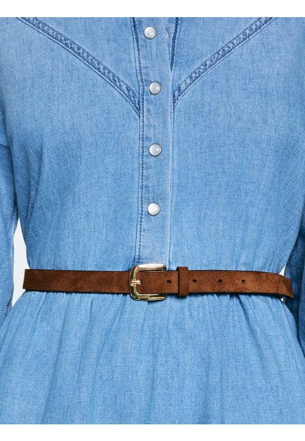 Big-Star - Pasek damski skórzany ze złotą klamrą brązowy Hada 803. Kolor: brązowy. Materiał: skóra