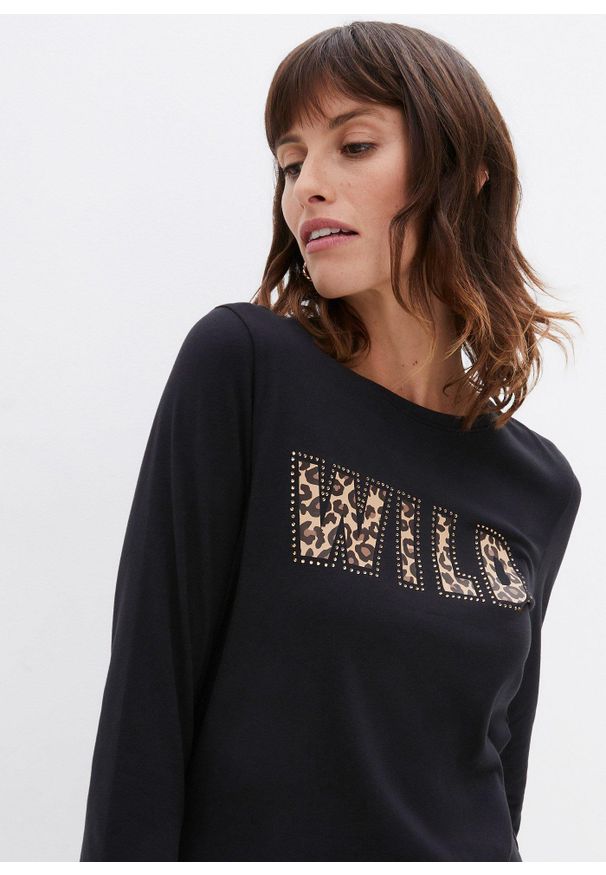 bonprix - Shirt z długim rękawem z ćwiekami i nadrukiem. Kolor: czarny. Długość rękawa: długi rękaw. Długość: długie. Wzór: nadruk