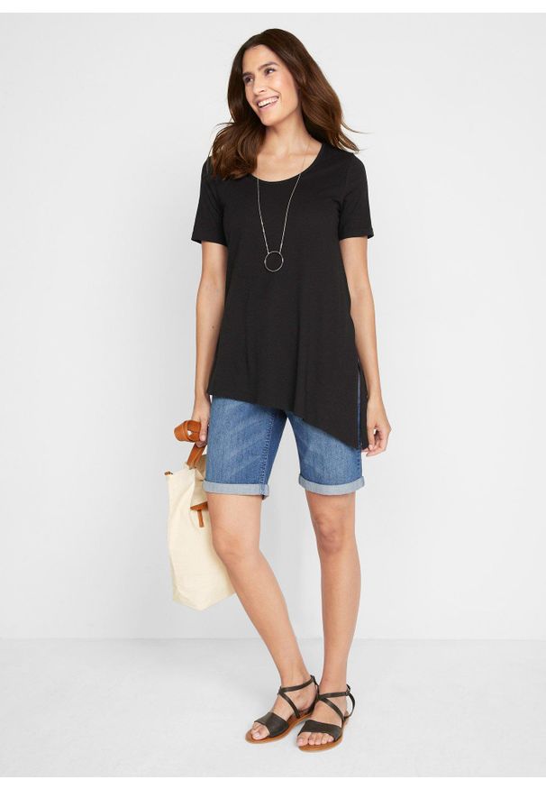 bonprix - Asymetryczny długi T-shirt z mieszanki bawełny z wiskozą. Kolor: czarny. Materiał: wiskoza, bawełna. Długość rękawa: krótki rękaw. Długość: krótkie, długie