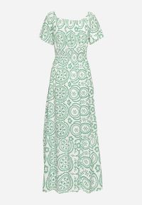 Born2be - Zielono-Biała Rozkloszowana Sukienka z Bawełną i Abstrakcyjnym Wzorem Ldivoria. Okazja: na spacer, na imprezę. Kolor: zielony. Materiał: bawełna. Styl: elegancki #3