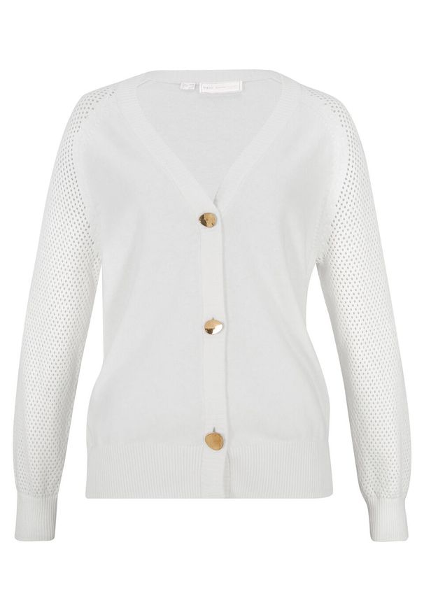 Sweter rozpinany bonprix biel wełny. Kolor: biały. Materiał: wełna. Wzór: ażurowy