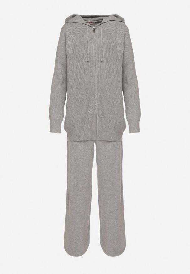 Born2be - Ciemnoszary Komplet Dzianinowy z Wełną Bluza z Kapturem i Szerokie Spodnie Otisela. Kolor: szary. Materiał: dzianina, wełna