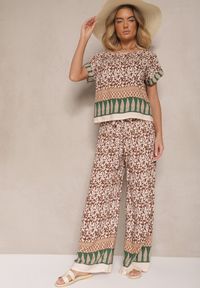Renee - Brązowy Komplet z Bawełny w Print Boho Szerokie Spodnie i Koszulka Telanitha. Kolor: brązowy. Materiał: bawełna. Wzór: nadruk