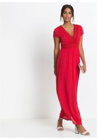 bonprix - Długa letnia sukienka z koronką, krótsza długość. Kolor: czerwony. Materiał: koronka. Wzór: koronka. Sezon: lato. Długość: maxi #1