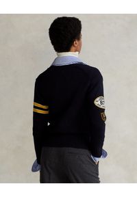 Ralph Lauren - RALPH LAUREN - Wełniany kardigan w szpic Relaxed fit. Typ kołnierza: polo. Kolor: niebieski. Materiał: wełna. Długość rękawa: długi rękaw. Długość: długie. Wzór: aplikacja #5